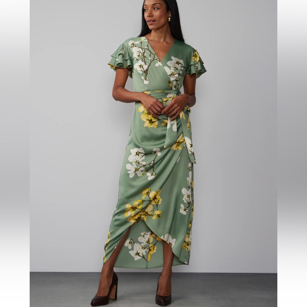 NWT New York & Company Floral Sage Green Wrap Dress with Flutter Sleeves Sx XL